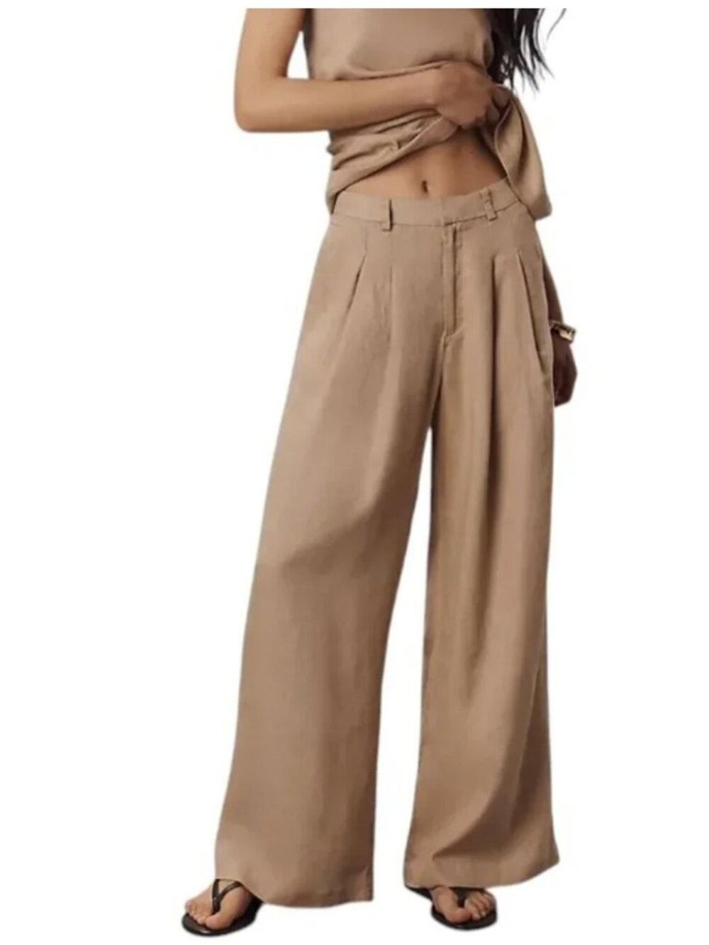 Anthro Maeve The Avery Wide Leg Pleated Linen Trousers M Khaki High Rise Slouchy